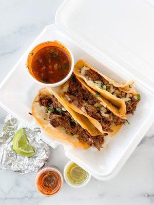 Birria which comes with consommé, spicy green sauce and a milder red sauce as well as a couple limes.