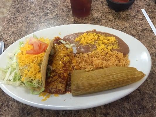 #16 - taco, tamale, enchilada with rice & beans