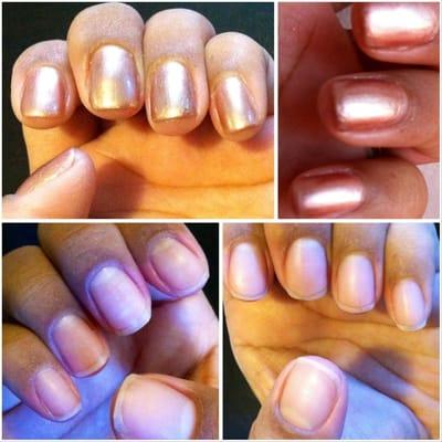 Top L: polish under the nails. Top R: not fully polished & uneven. Bottom L: uneven surface & nails.  Bottom R: May buffed them.