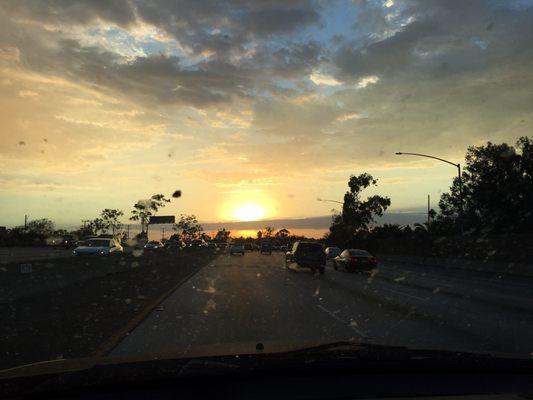 Approaching the 405 from the 10 Westbound. Even with a dirty windshield the sunset is spectacular!