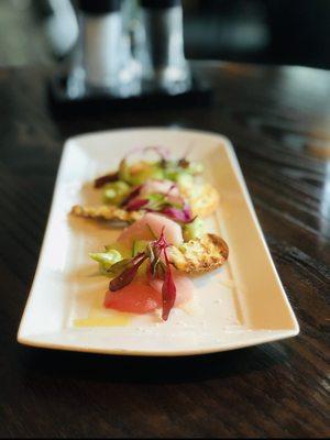 Crudo!  Ahi!! Red and Gold Beet Salad, Goat Cheese, Spiced Walnuts