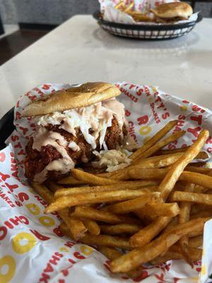 Hot chicken sandwich and fries