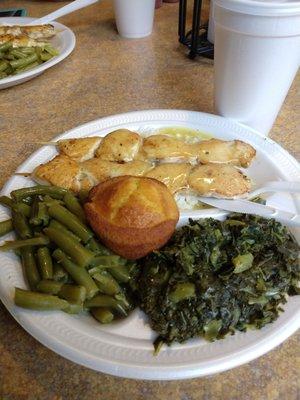 Chicken kabobs over rice, collards, green beans and tasty corn muffin.