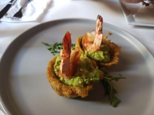 Tostones with guacamole and shrimp