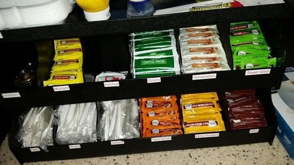 Condiment station is the best I've seen in a very long time. Taco sauce in packets??? Yes please!