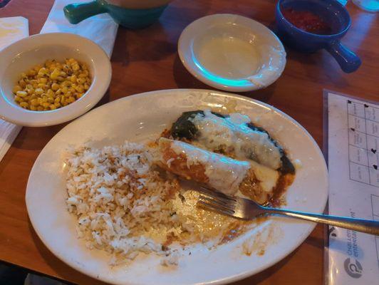 Chili renello, tamale, cilantro lime rice and grilled corn.