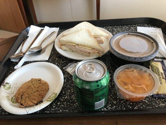 Ham and Swiss on sourdough, vegetable soup, mandarin oranges, a cookie and ginger ale