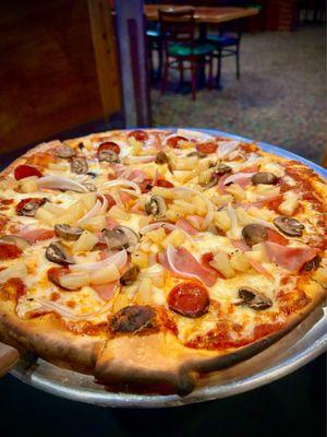 My Way Pizza with pepperoni, Canadian bacon, onions, pineapple, mushrooms