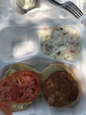 Crab cake with coleslaw.