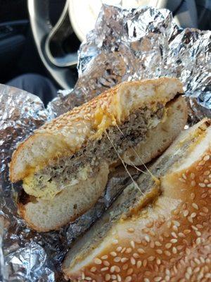 Steak and eggs on sesame bagel