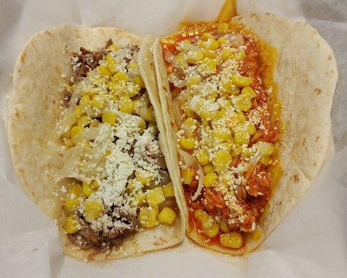 Baracoa taco on the left, Chicken Pibil taco on the right, both subbing corn salsa for onion and cilantro. Both very tasty.