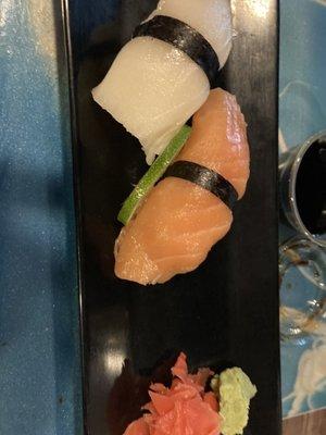 White tuna and salmon nigiri