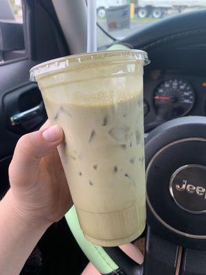 Iced matcha tea latte - made with almond milk, add espresso!