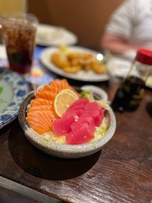 Tuna and salmon over rice