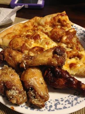 Buffalo Chicken Pizza + Garlic Parm / BBQ Wings ... Mmmm