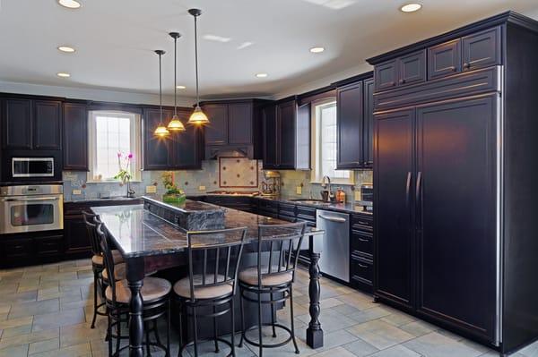 Large traditional kosher kitchen with dark cabinets