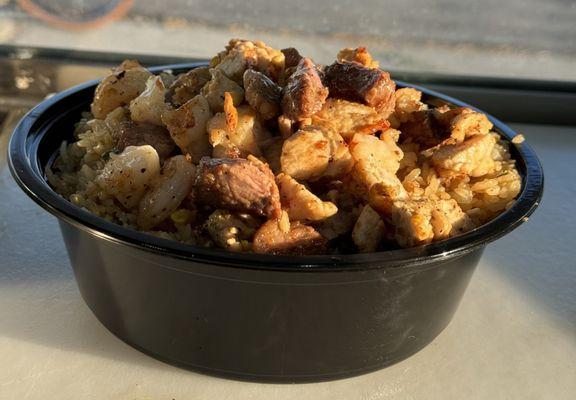 Steak chicken and shrimp fried rice.