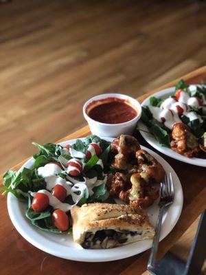 Vegan Stromboli with mushroom, homemade vegan pepperoni and mozzarella + vegan Cauliflower "Not" Wings! SO GOOD!!!!