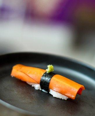 Carrot Nigiri
koji-cured and smoked, topped with white kelp