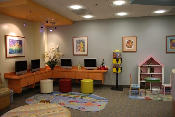 Kid friendly environment--games, toys, and movies.  