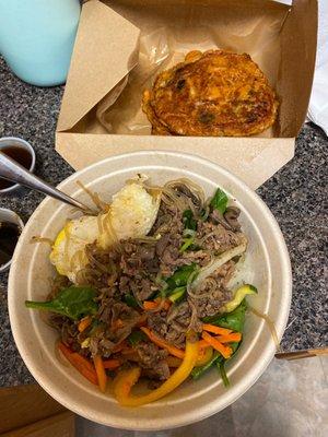 Kimchi pancake and bi bim bop.