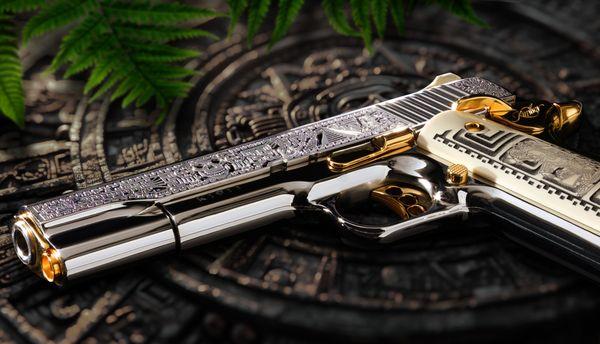 Proud to announce the launch of the Kimber 1911 38 Super Aztec Temple pistol. Designed by Seattle Engraving Center