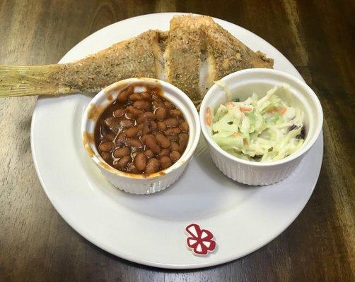 Fried snapper with baked beans and coleslaw- the fish was so good!