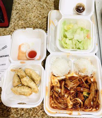 Extra Hot Spicy Chicken Teriyaki, Chicken potstickers (6 for $3) Love it!