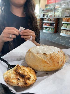 Sourdough bread bowl with clam chowder