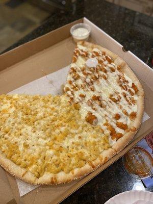 Half mac & cheese pie / Half buffalo chicken pie