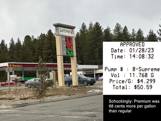 Premium cost 68-cents more than regular at Safeway Gas, Cle Elum