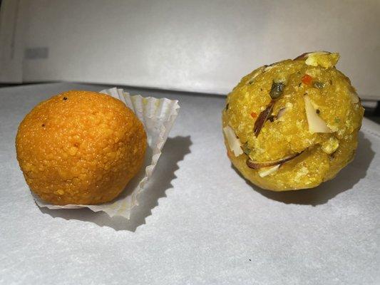 Mithaas motichoor Ladu (Orange)  special motichoor ladu (yellow) from a sweets place in Brooklyn,NY (won't mention store)