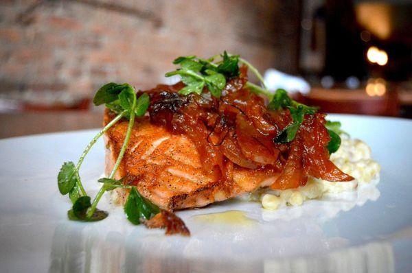 Seared Salmon with celery root cous cous