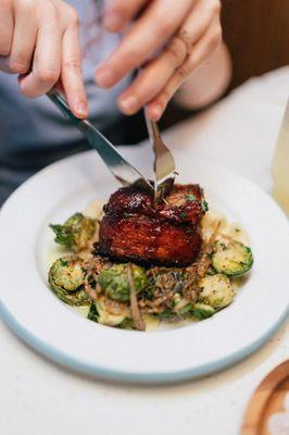 Bacon-Wrapped Meatloaf (Whipped Potatoes, Roasted Brussels Sprouts)