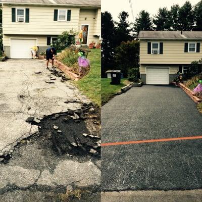 Remove old driveway, grade, install stone for base. Pave