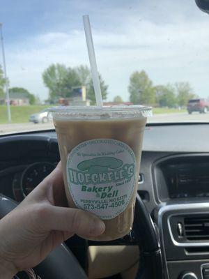 An iced coffee with almond milk, absolutely wonderful paired with a donut!