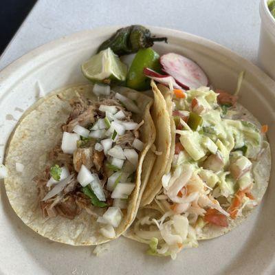 Shrimp taco and carnitas taco