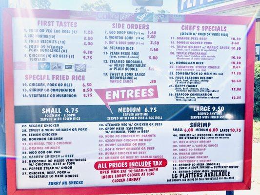 Drive thru Menu as of June 6, 2020