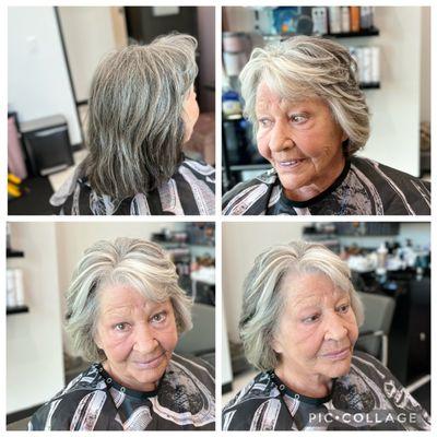 Grandma add more platinum grey to her hair give me some layers and even put her hair