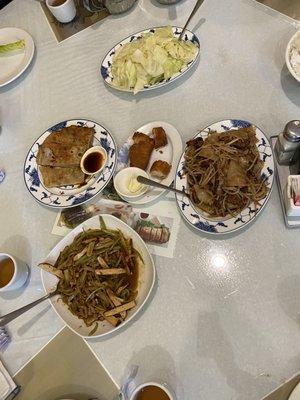 Onion pancake, Taiwanese Rice Noodles with Minced Pork, fried shrimp, Taiwanese Cabbage with Garlic