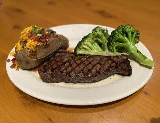 New York Strip 12oz w/ Loaded Baked Potato & Fresh Broccoli