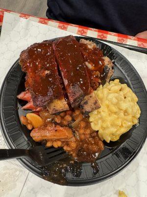 3 Three Meat Plate- ribs, sausage and pulled pork with Mac and cheese and baked beans