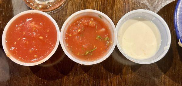 My favorite three salsas! The first was very tomato sauce like, the middle one regular salsa  and the white salsa