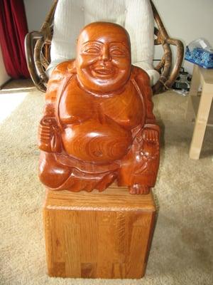 Beautiful vintage 26lb hardwood Buddha on oak pedestal in excellent condition.