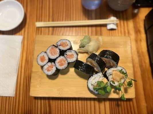 Left: Salmon Maki Right: Spicy Hotate Roll