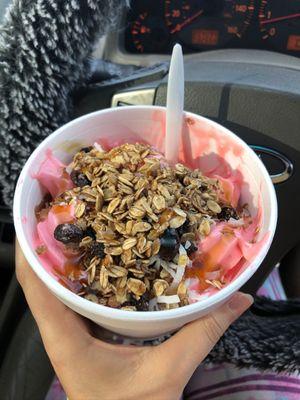 XL cup of Strawberry yogurt with oats, honey, coconut shavings.