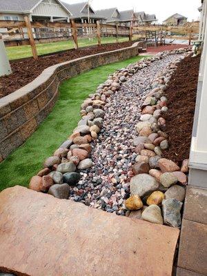 Dry creek, retaining walls, Artificial turf, flagstone bridges