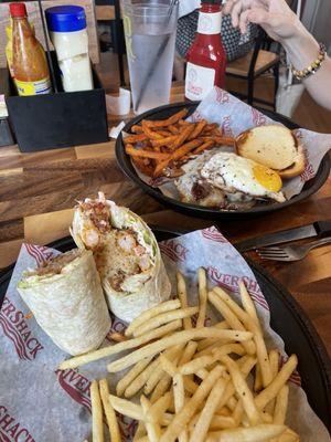 Crab cake wrap and breakfast burger- yummy!