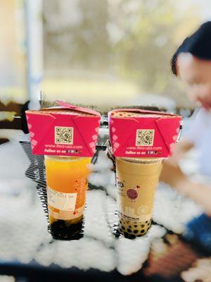 D5. Passion Fruit Tea (With Boba Passion Jelly) and C6. Panda Milk TeaWith Boba Agar Boba