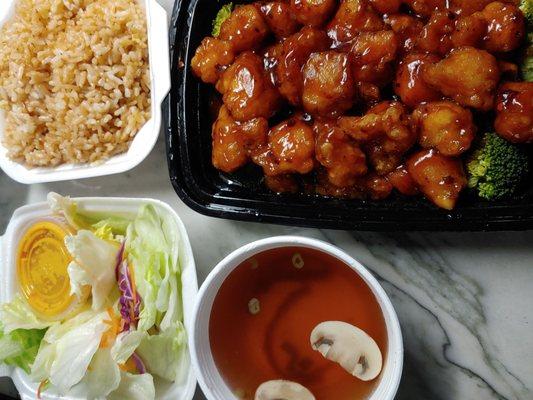 General Tso's chicken, Fried rice, salad, soup.